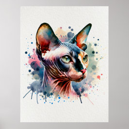 Poster Aquarelle Sphynx Chat Portrait Artistique