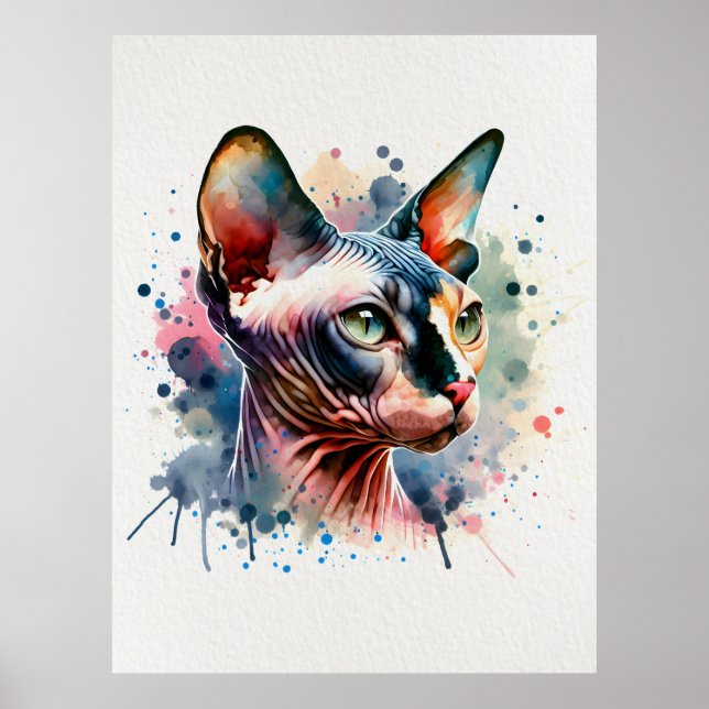 Poster Aquarelle Sphynx Chat Portrait Artistique (Devant)