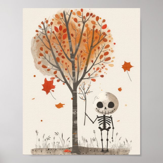 Poster Aquarelle Squelette automne laisse une belle Hallo (Devant)