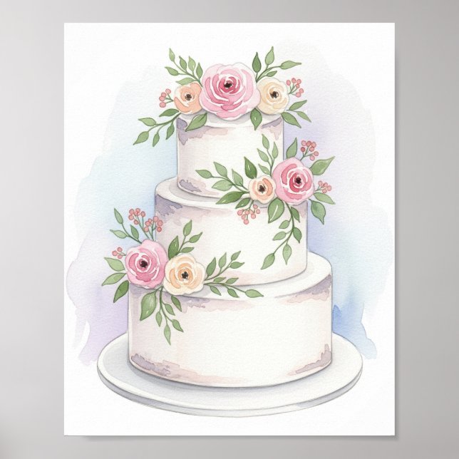 Poster Aquarelle Style Mariage Gâteau Imprimer (Devant)