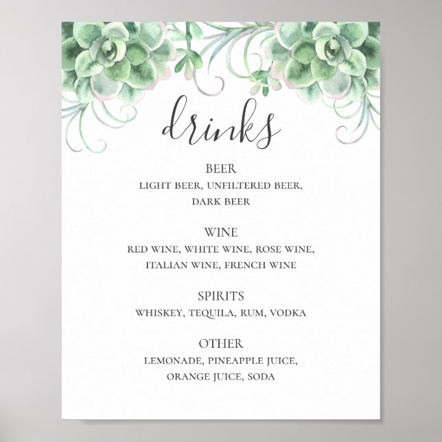 Poster Aquarelle succulents alcool mariage bar (Devant)