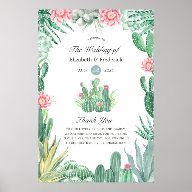 Poster Aquarelle Succulents Mariage Bienvenue (Devant)