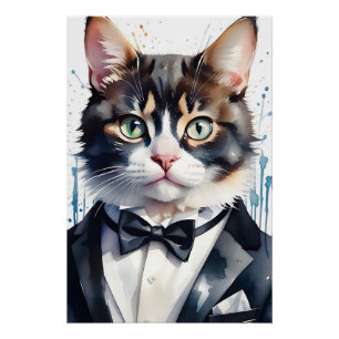 Poster Aquarelle Tabby Cat dans une Cravate Tuxedo et Bla