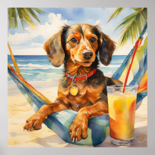 Poster Aquarelle Teckel Chien Boire Piña Colada Beach