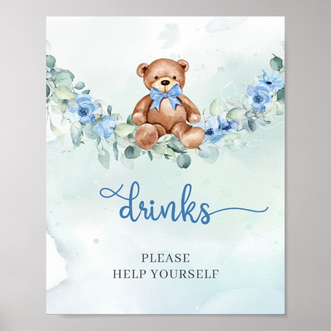 Poster Aquarelle Teddy ours bleu floral verdure boissons (Devant)