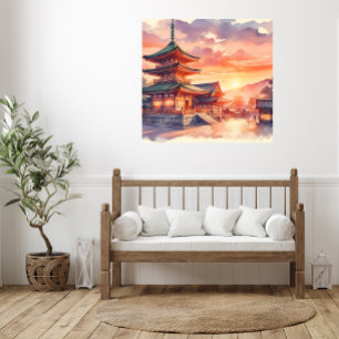 Poster Aquarelle Temple japonais traditionnel au coucher 