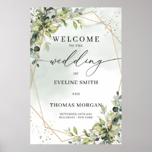Poster Aquarelle tendance eucalyptus or mariage accueil