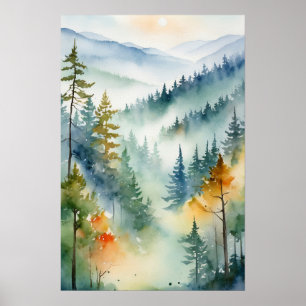 Poster Aquarelle tendance Green Pine Forest Mountain