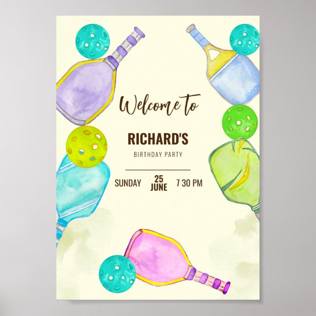 Poster Aquarelle Thème Pickleball Sports Anniversaire (Devant)