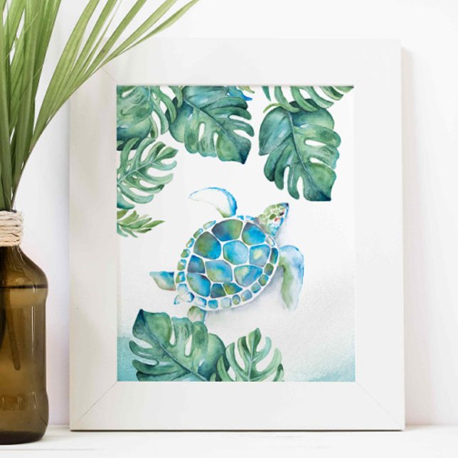 Poster Aquarelle tortue de mer et Feuilles de Monstera (Sea turtle art with monstera palm leaves tropical watercolor by Victoria Grigaliunas)