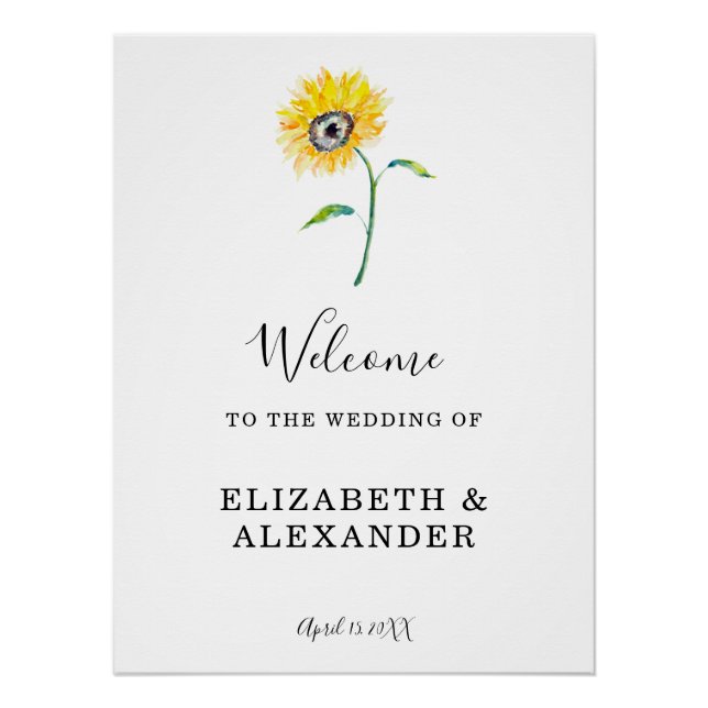 Poster Aquarelle Tournesol Bienvenue Mariage Élégant Chic (Devant)