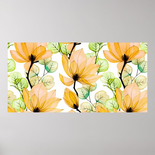 Poster Aquarelle transparente motif avec fleurs de magnol (Devant)