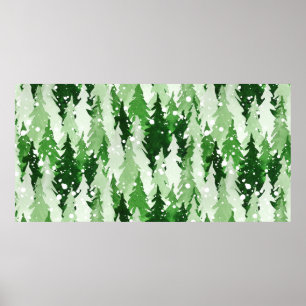 Poster Aquarelle transparente motif avec pins verts