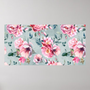 Poster Aquarelle transparente motif de la pivoine et fleu