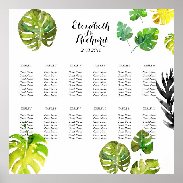 Poster Aquarelle Tropical Feuilles mariages (Devant)