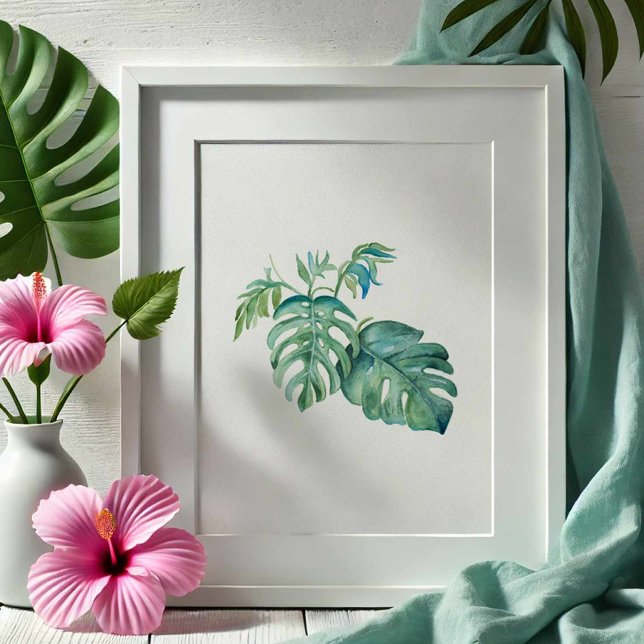 Poster Aquarelle Tropical Green Monstera Palm Leaf (Watercolor art monstera palm leaves by Victoria Grigaliunas of Do Tell A Belle)
