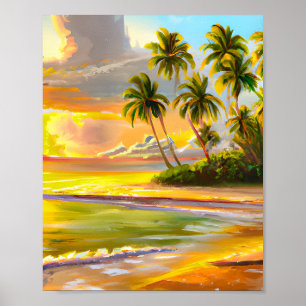 Poster Aquarelle Tropical Sunset Beach Peinture