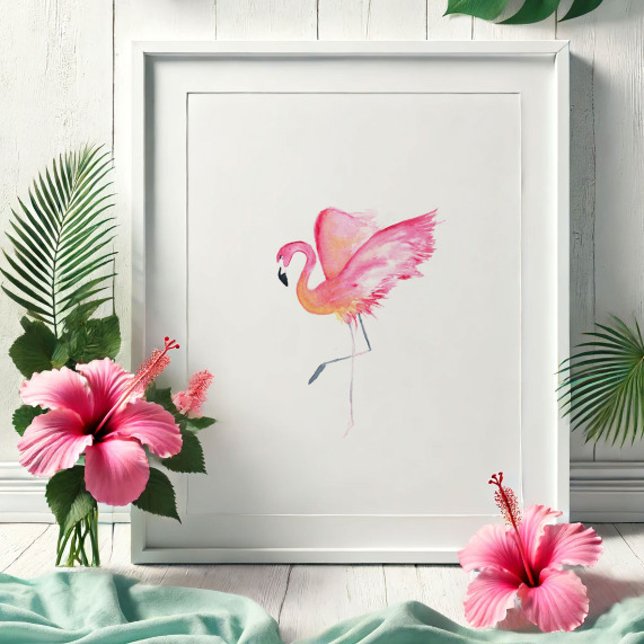 Poster Aquarelle tropicale Flamant rose rose (Watercolor pink flamingo print by Victoria Grigaliunas of Do Tell A Belle)