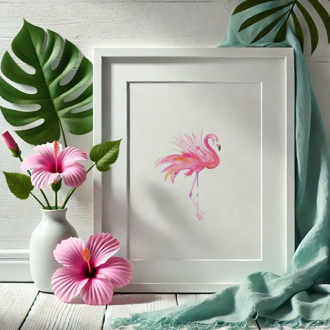 Poster Aquarelle tropicale Flamant rose rose moderne (watercolor paintings pink flamingo art by Victoria Grigaliunas of Do Tell A Belle)