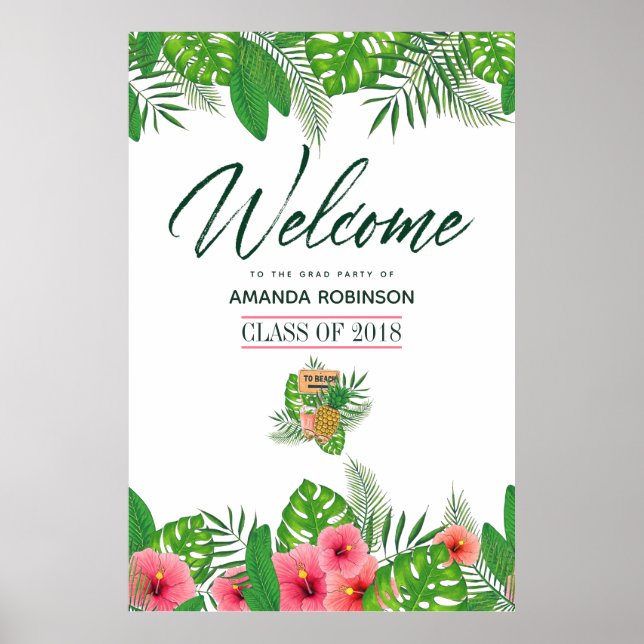 Poster Aquarelle tropicale Luau Graduation Bienvenue (Devant)