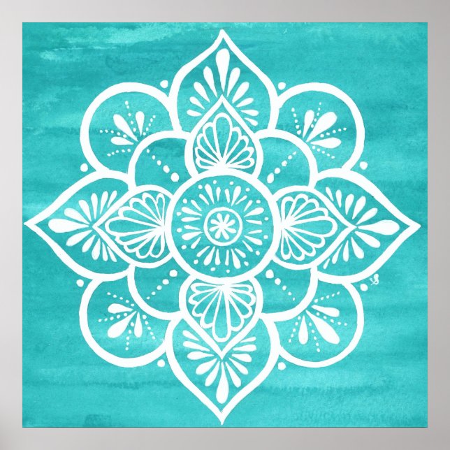 Poster Aquarelle Turquoise Blanc Mandala (Devant)