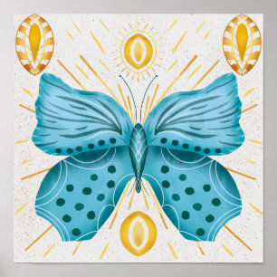 Poster Aquarelle Turquoise Papillon Soleil céleste