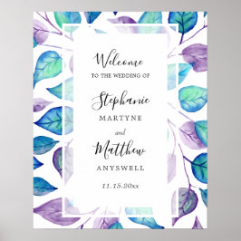 Poster Aquarelle Turquoise violet Feuille Mariage de feui