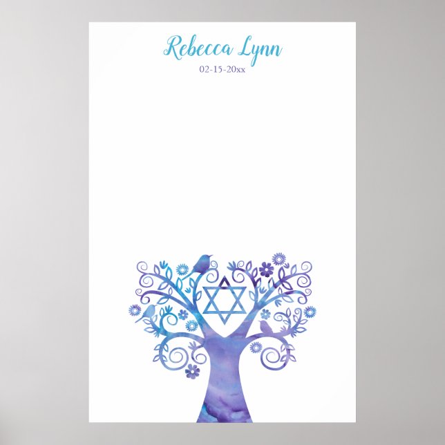 Poster Aquarelle Turquoise violette Arbre Bat mitzvah de  (Devant)
