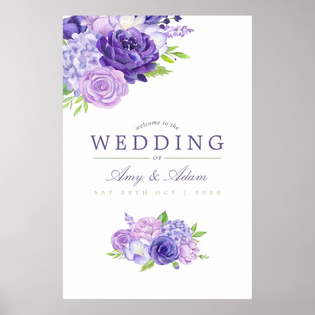 Poster Aquarelle ultra violet Mariage Floral Bienvenue (Devant)