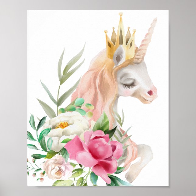 Poster Aquarelle Unicorne avec couronne (Devant)