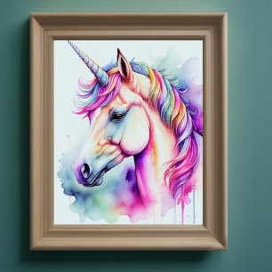 Poster Aquarelle Unicorne dans les couleurs de bonbons