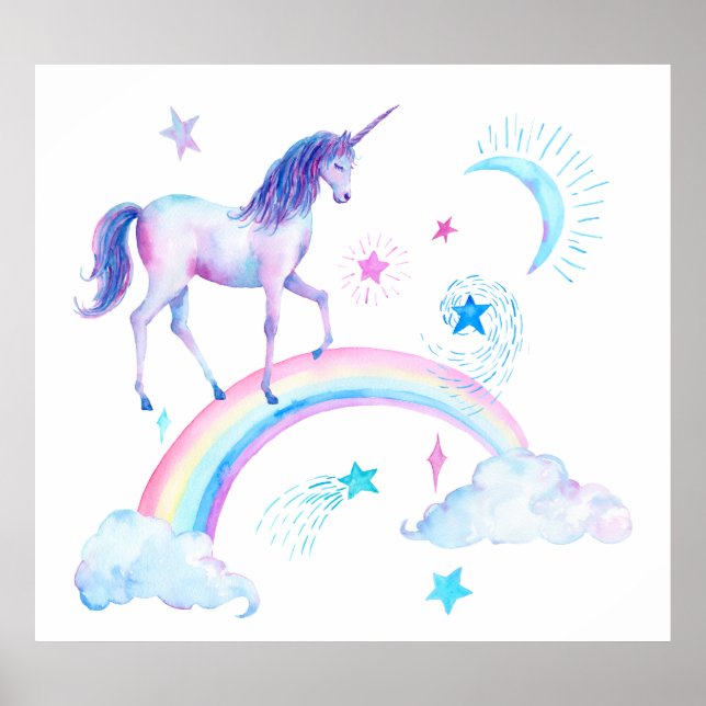 Poster Aquarelle Unicorne et arc-en-ciel (Devant)