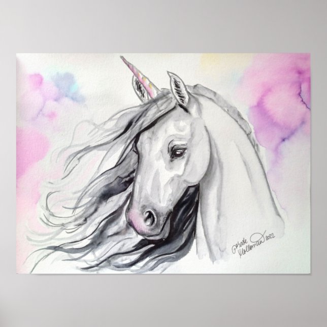 Poster Aquarelle Unicorne peinture Art Imprimer (Devant)