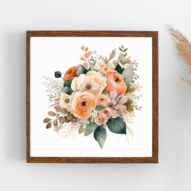 Poster Aquarelle végétale florale en terre cuite (Peach Cream Beige Terracotta Floral Wall Art. Available in many sizes)