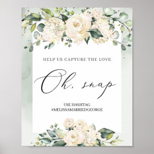 Poster Aquarelle verdure blanc roses feuillage oh snap