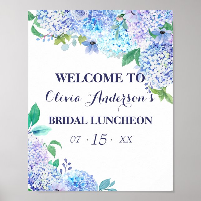 Poster Aquarelle Verdure Bleu Hydrangée Bridal Luncheon (Devant)