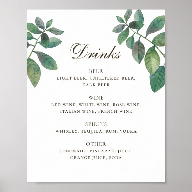 Poster Aquarelle verdure feuillage mariage alcool boisson (Devant)