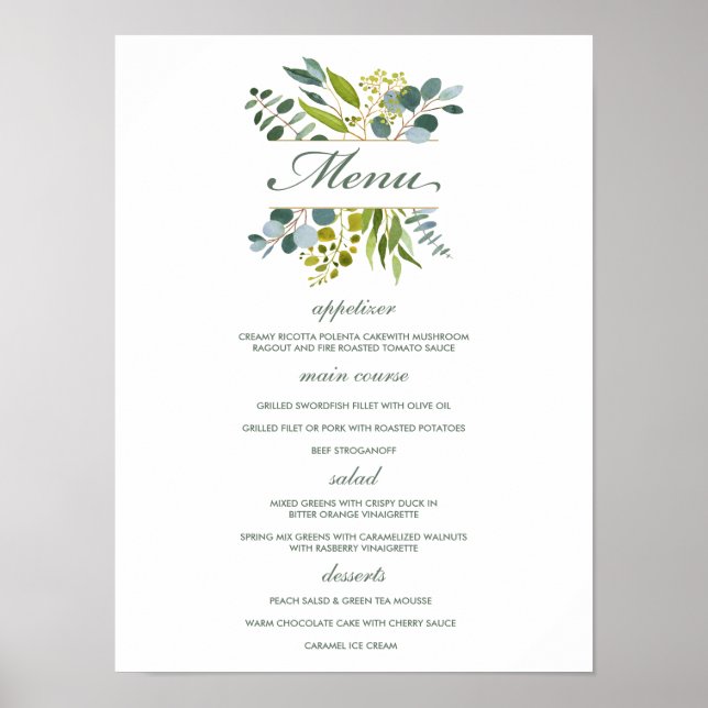 Poster Aquarelle verdure feuillage Mariage Menu Signe (Devant)