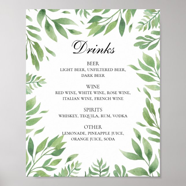 Poster Aquarelle verdure mariage alcool bar (Devant)