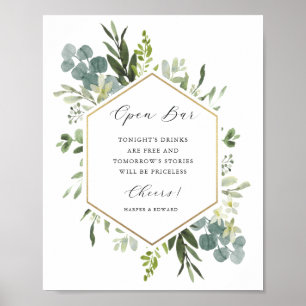 Poster Aquarelle Verdure Or Hexagon Open Bar Sign