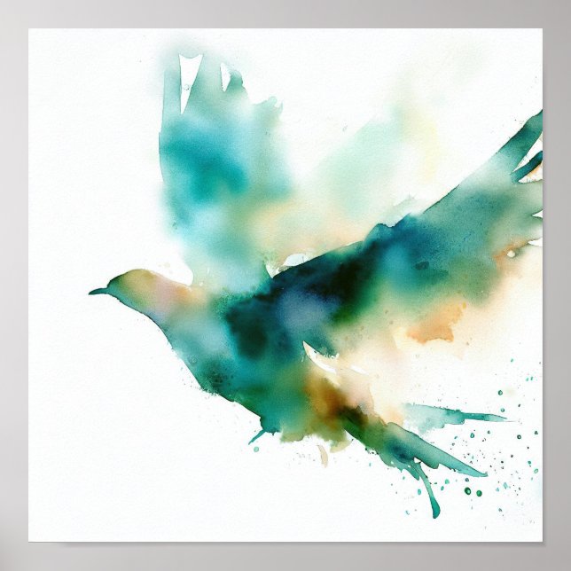 Poster Aquarelle vert oiseau dans l'affiche d'art en vol (Devant)