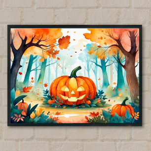 Poster Aquarelle verte orange Forêt Citrouille d'automne