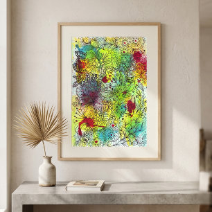 Poster Aquarelle vibrante abstraite florale doodle art en