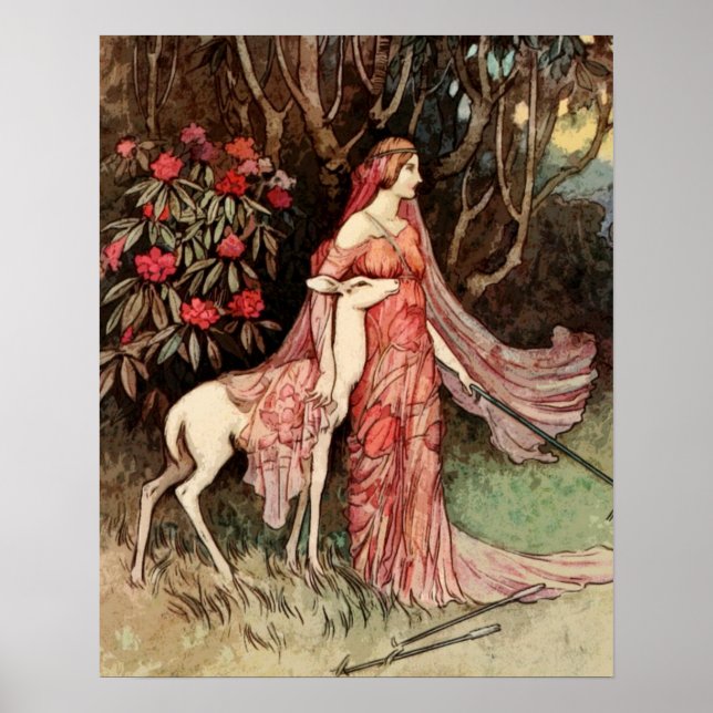 Poster Aquarelle victorienne de la femme avec cerf (Devant)