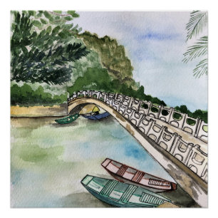 Poster Aquarelle, Vietnam, paysage de la province de Ninh