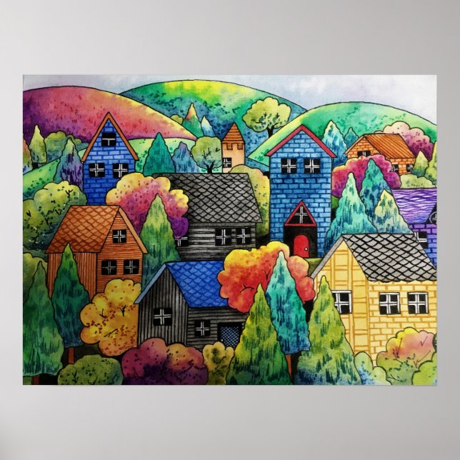 Poster Aquarelle Village Sur La Colline Avec Maisons Colo (Devant)