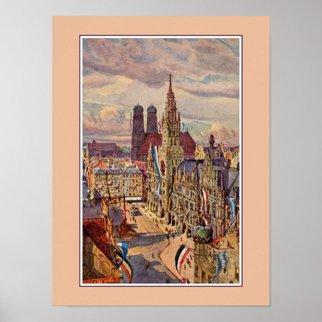 Poster Aquarelle vintage Munich Marienplatz (Devant)