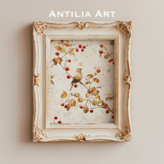 Poster Aquarelle vintage Oiseau doré sur le Berry Rouge