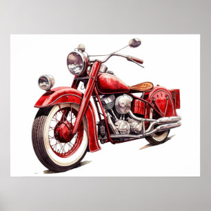 Poster Aquarelle Vintage Red Classic Motorcycle