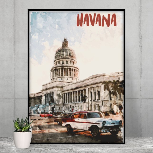 Poster Aquarelle Vintage voyage Havana Cuba (Havana Cuba Watercolor City Poster)